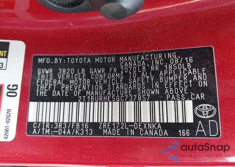 2016 Toyota Corolla Le from USA, damaged, VIN 2T1BURHE5GC737857
